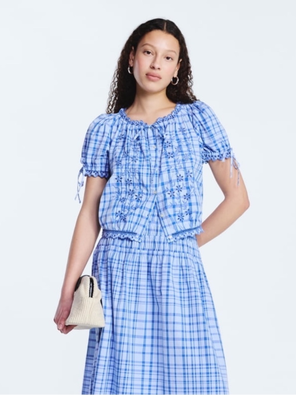 NEW Free Assembly Blue Plaid Embroidered Eyelet Top